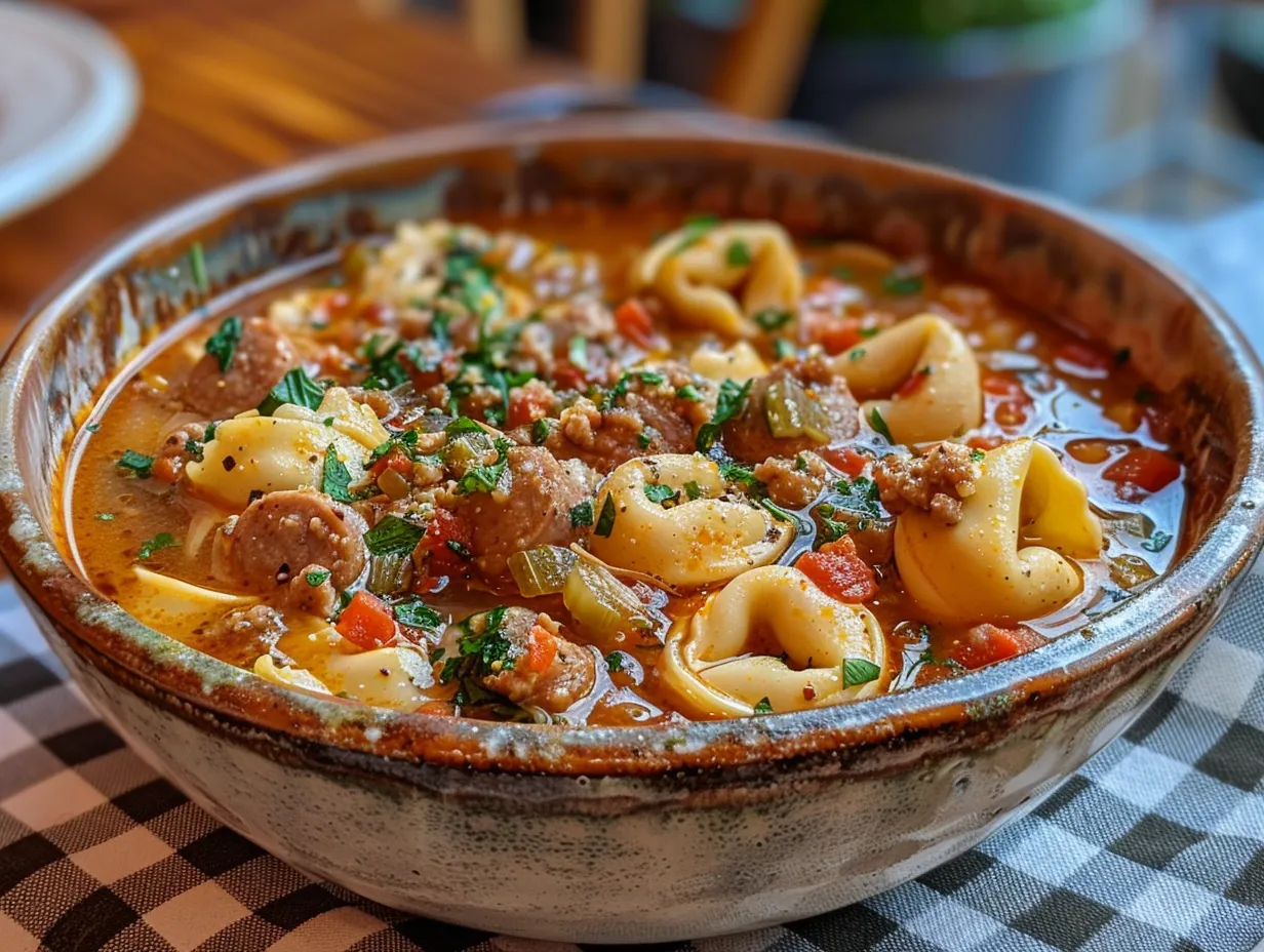 A warm and comforting bowl of Sausage and Tortellini Soup.