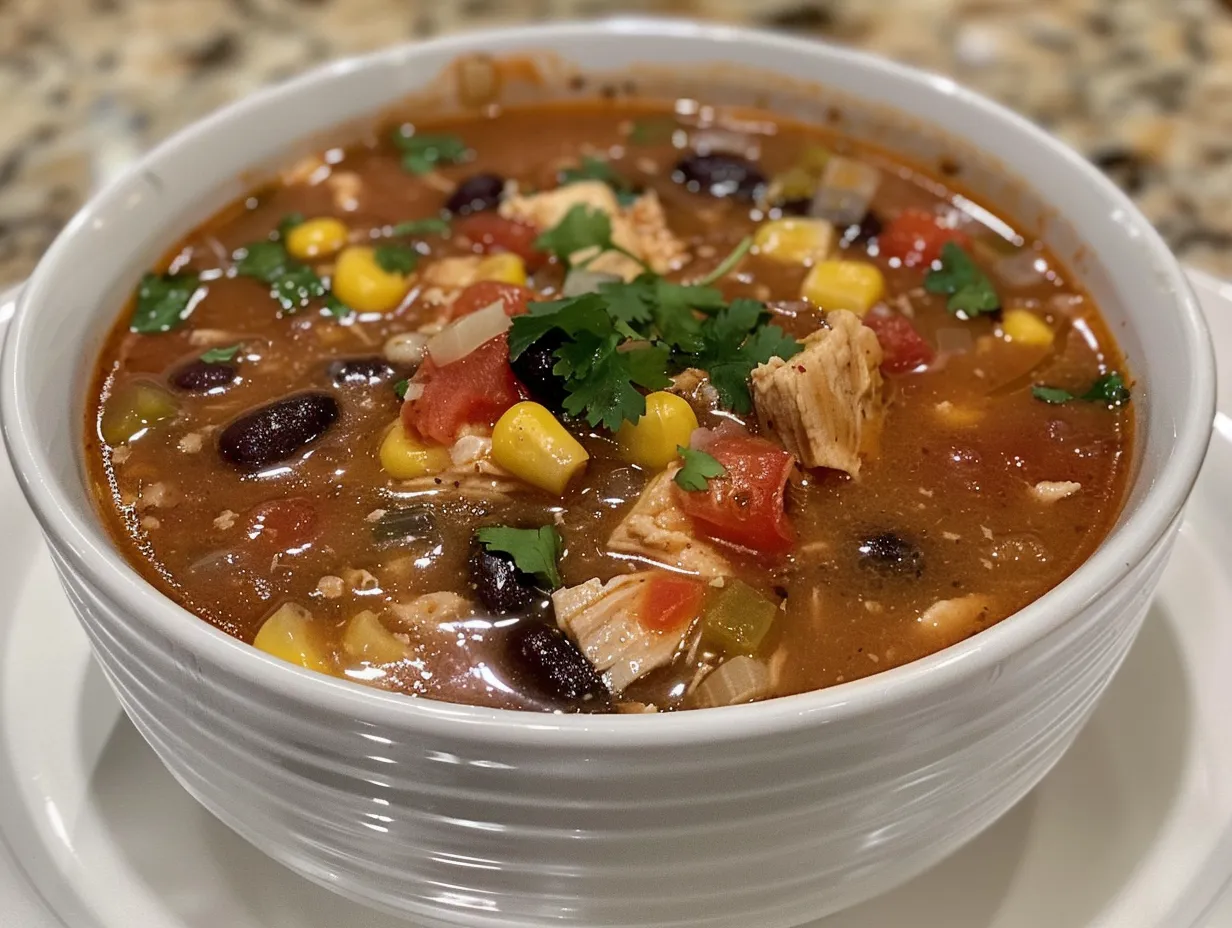 A delicious bowl of Chilis Chicken Enchilada Soup Recipe