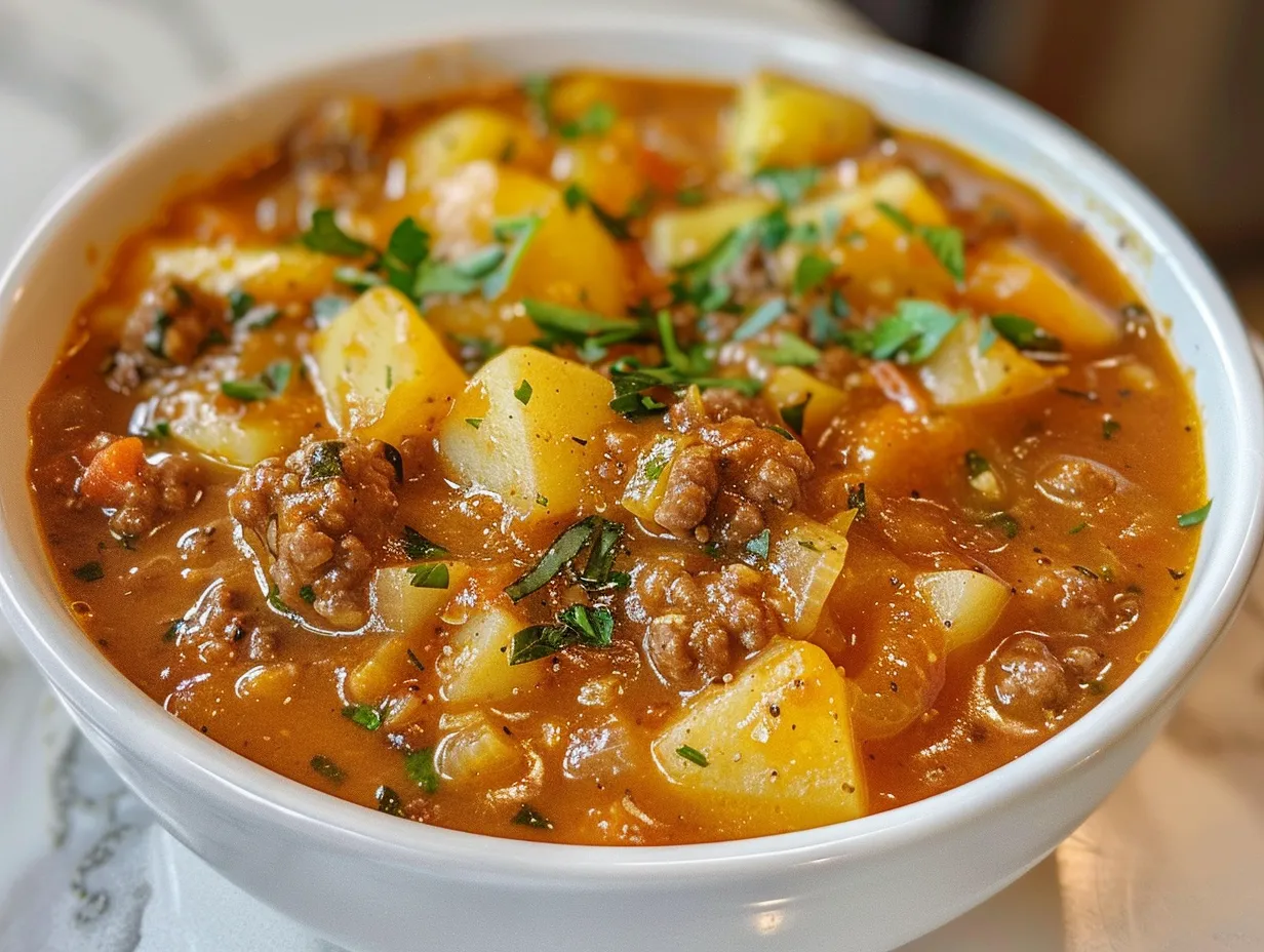 A comforting bowl of Cheesy Hamburger Potato Soup.
