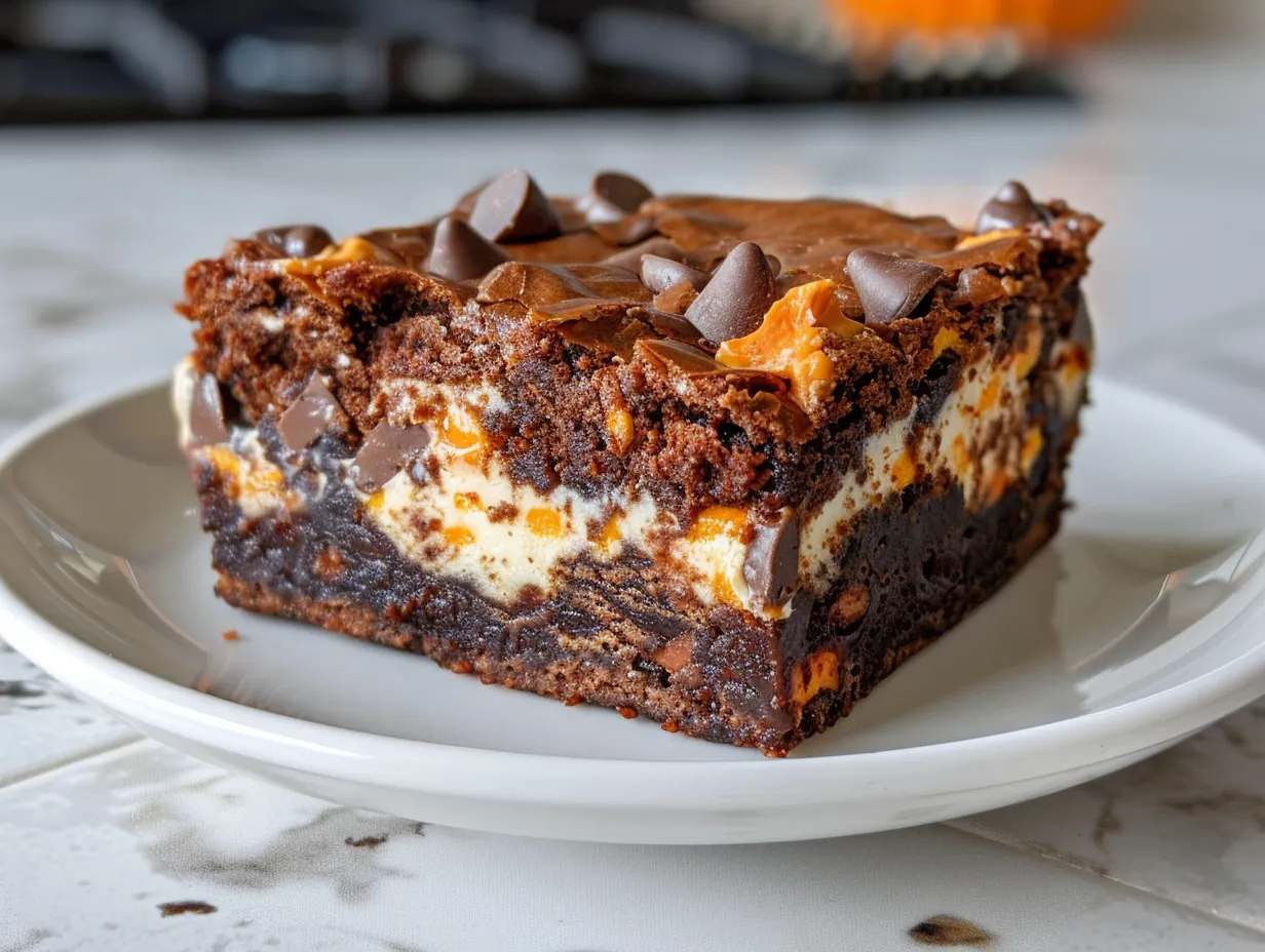 A close-up of delicious Loaded Cream Cheese Halloween Brownies with Halloween sprinkles