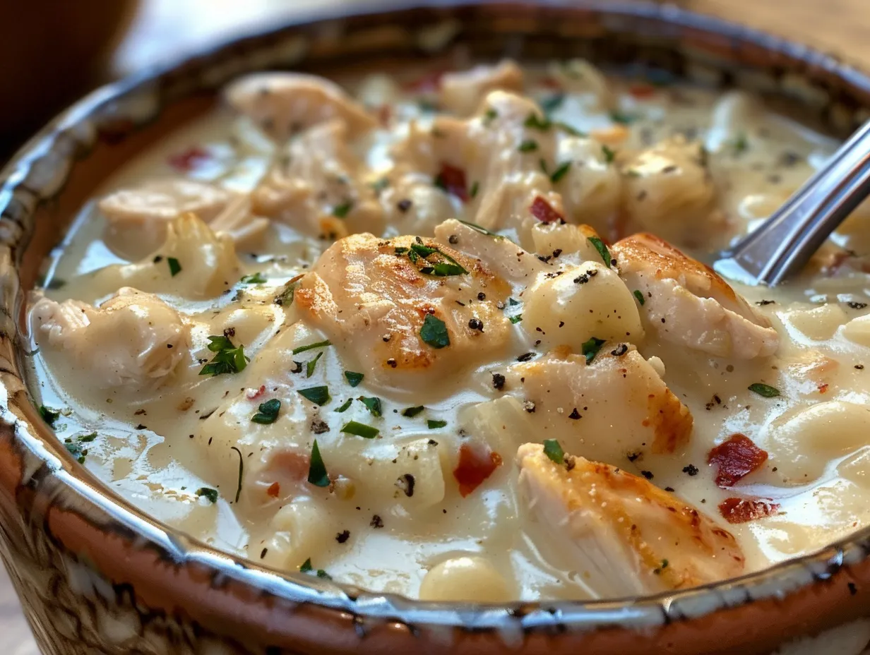 A delicious bowl of creamy Chicken Alfredo Soup.