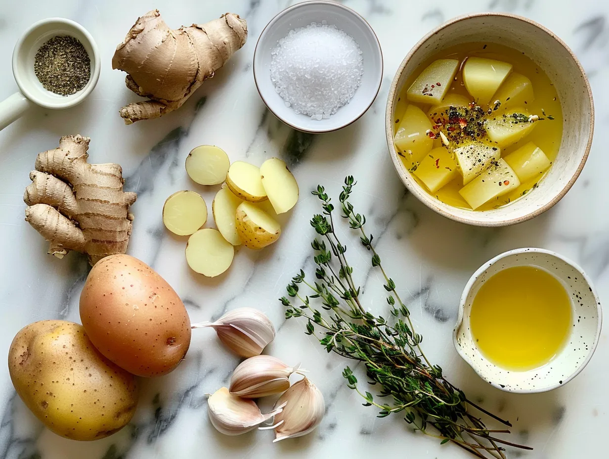 Ingredients for Kielbasa Potato Soup including kielbasa, potatoes, onions, carrots, and celery laid out on a wooden surface