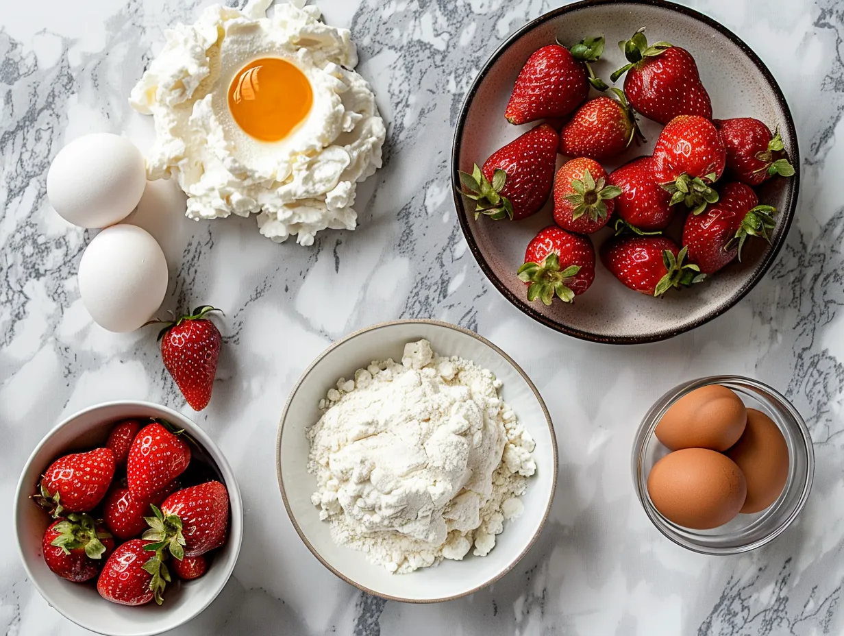 Fresh ingredients for a homemade Strawberry Shortcake Cake Recipe, laid out on a kitchen counter.