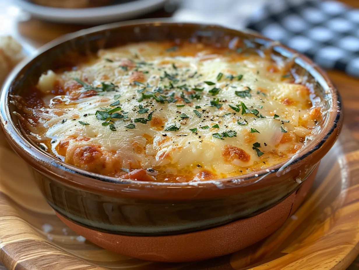 A hearty bowl of Chicken Parmesan Soup, garnished with cheese and herbs.