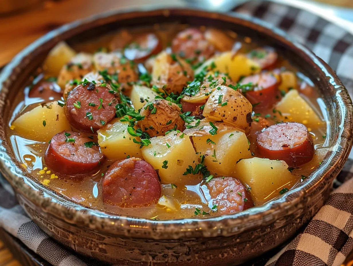 A bowl of homemade Kielbasa Potato Soup garnished with fresh parsley