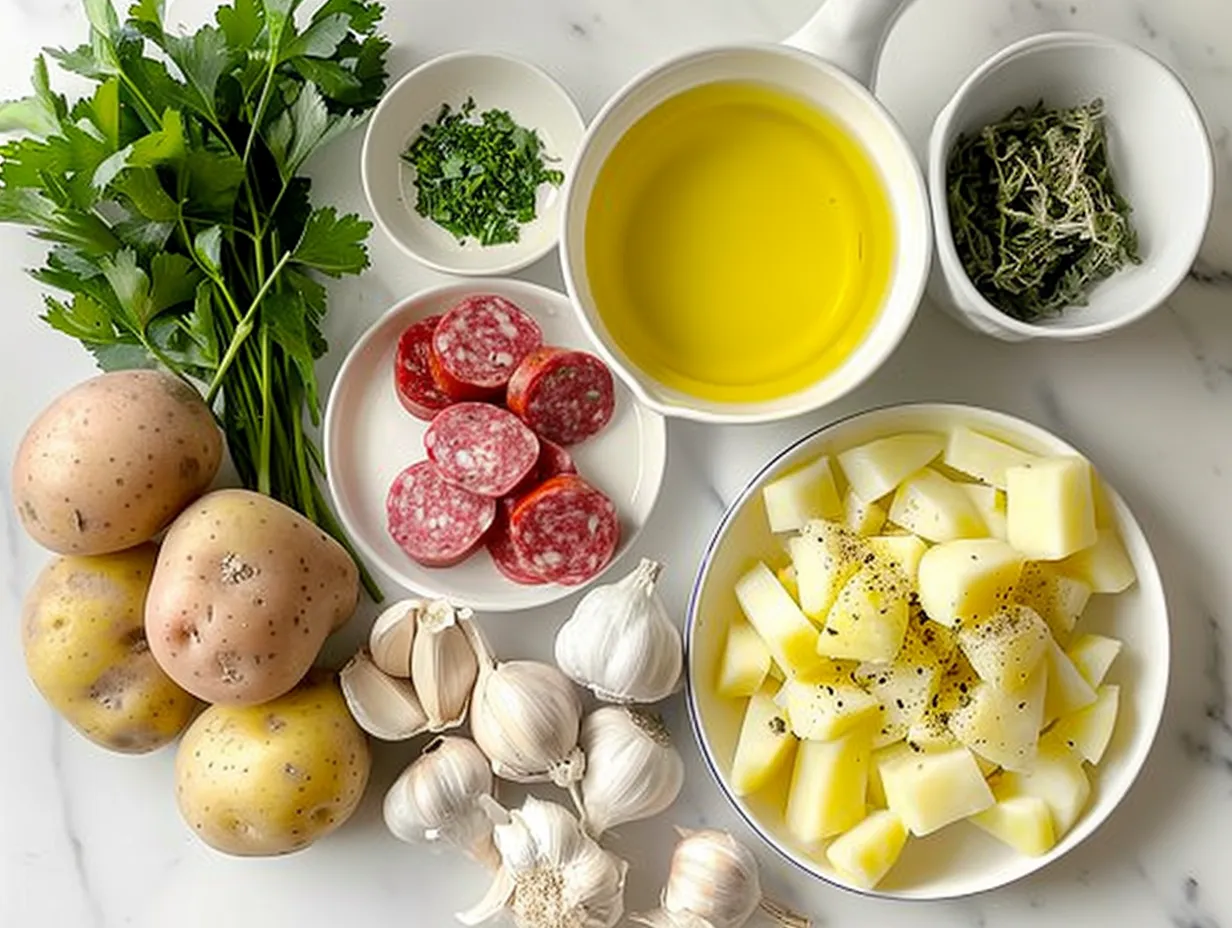 Ingredients for making Italian Sausage and Potato Soup in bowls on a table.