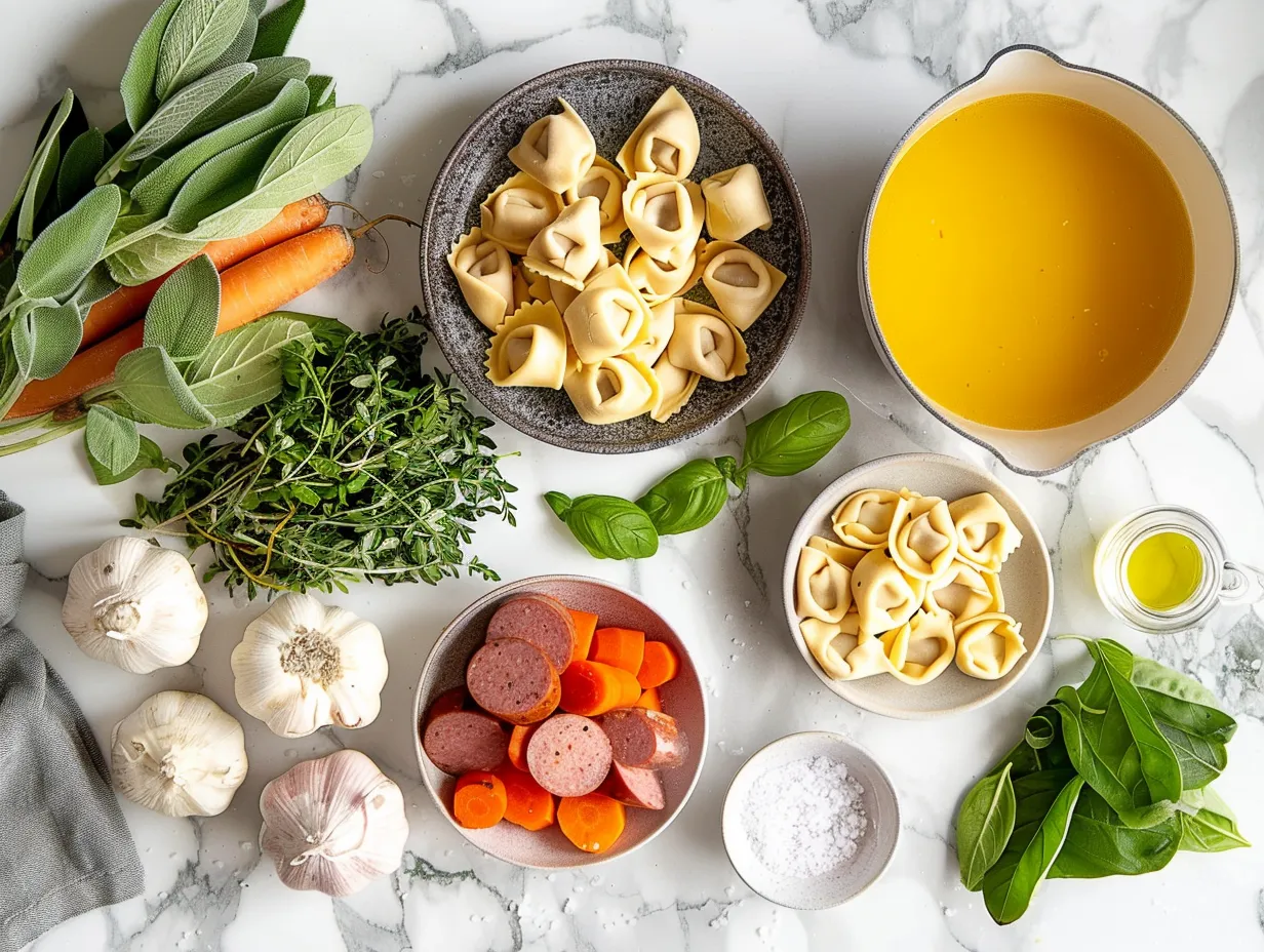Ingredients for making Sausage and Tortellini Soup, including sausage, tortellini, spinach, and canned tomatoes.