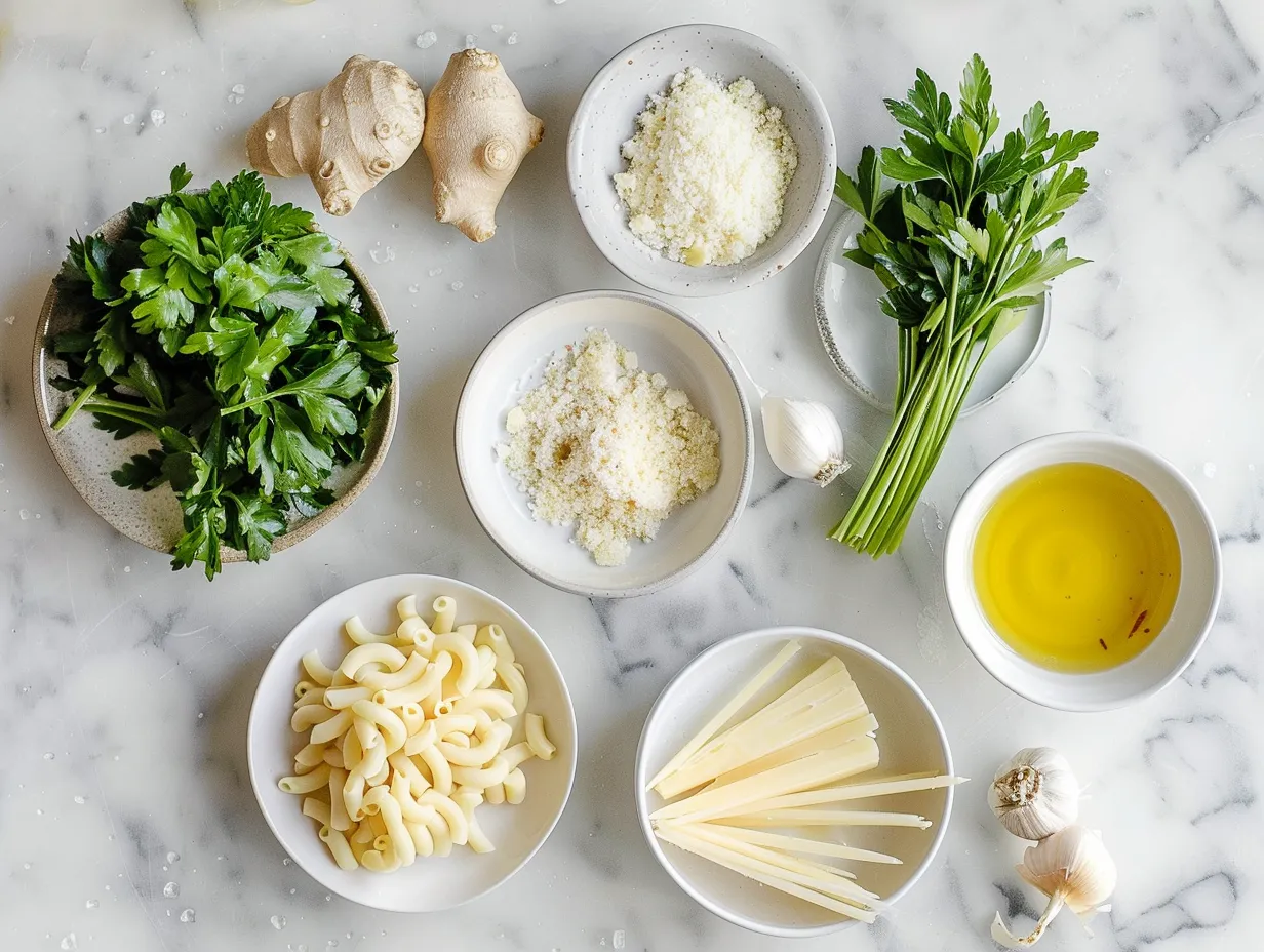 Ingredients for Mac and Cheese Soup: elbow macaroni, butter, flour, milk, chicken broth, cheddar cheese, salt, pepper, and bacon