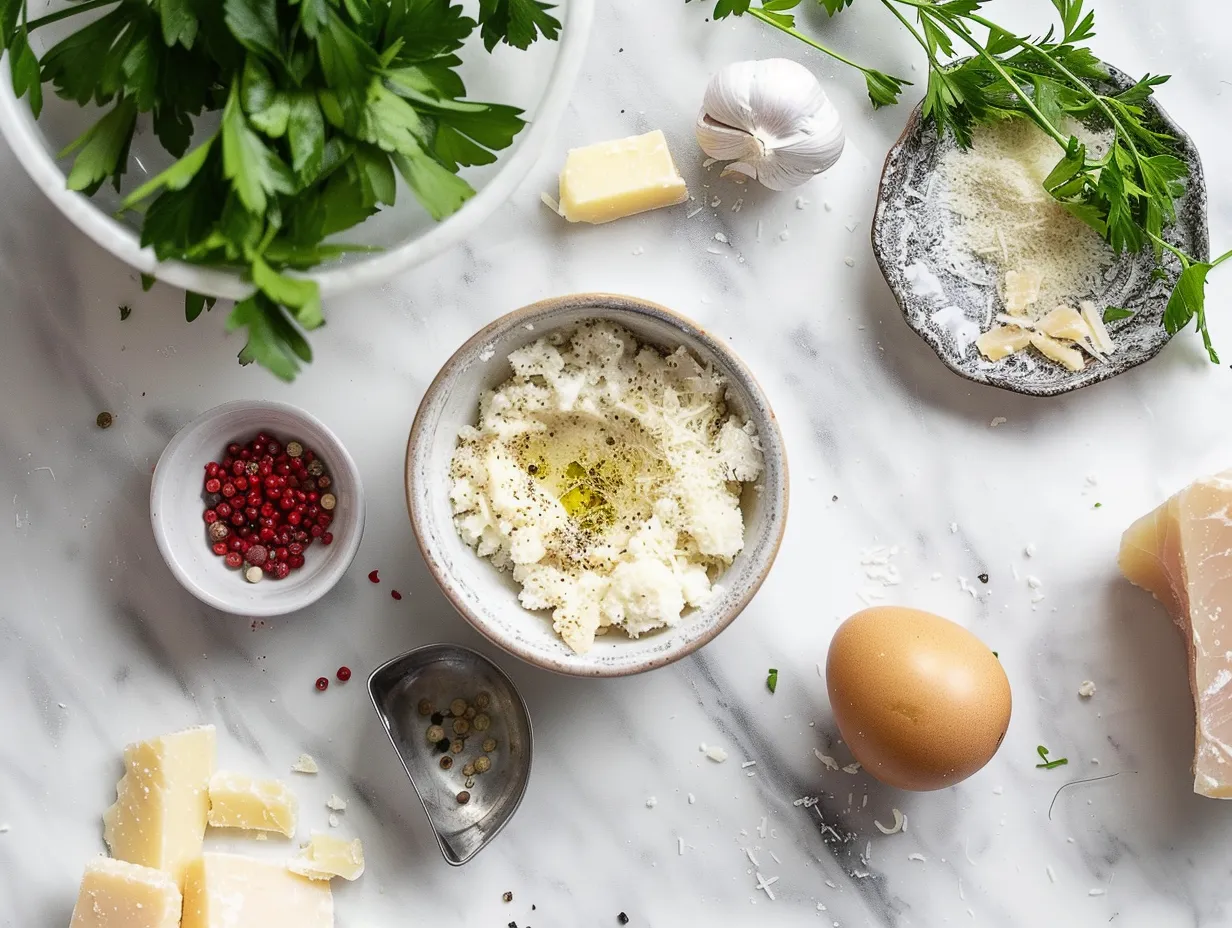 Raw ingredients for Chicken Parmesan Soup on a marble surface, including chicken, tomatoes, herbs, and cheese.