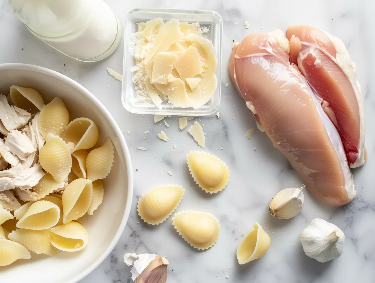 Ingredients for making Chicken Alfredo Soup: chicken, pasta, Alfredo sauce, and vegetables.