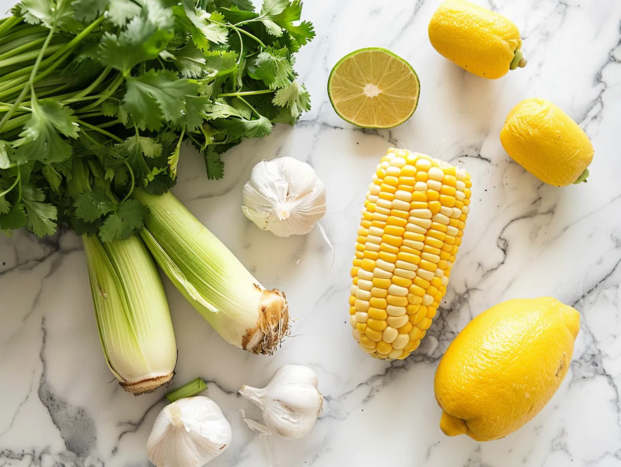 Raw ingredients for making Mexican Street Corn Soup, including corn, onions, garlic, and spices.