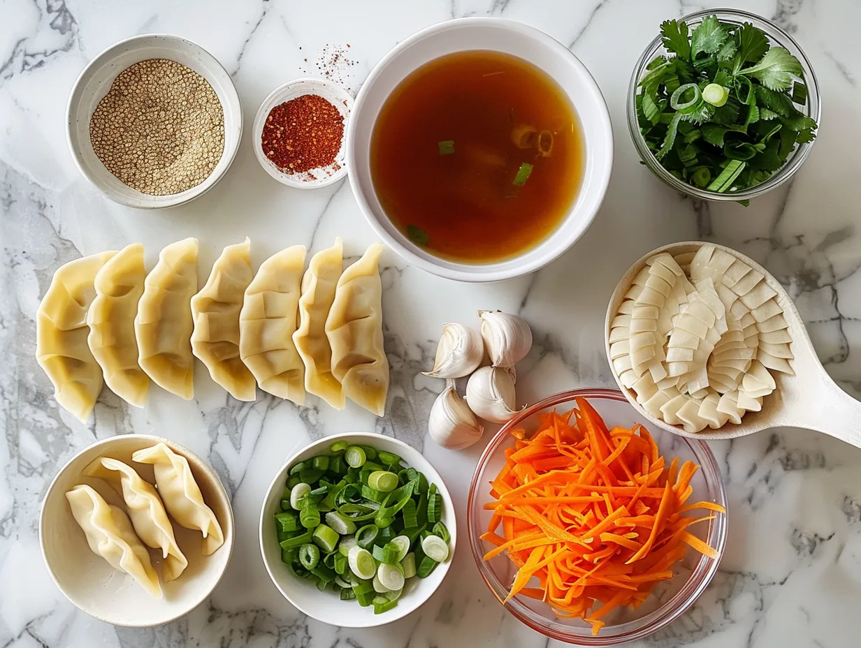 A selection of the raw ingredients needed to make Potsticker Soup, including garlic, ginger, sesame oil, and potstickers.