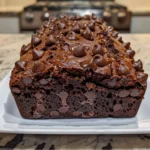 A slice of Double Chocolate Banana Bread glistening under studio lights