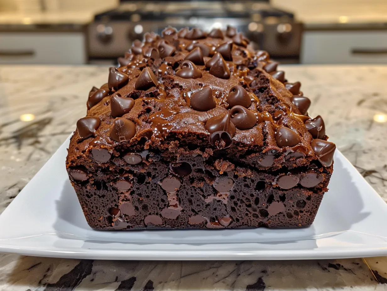 A slice of Double Chocolate Banana Bread glistening under studio lights