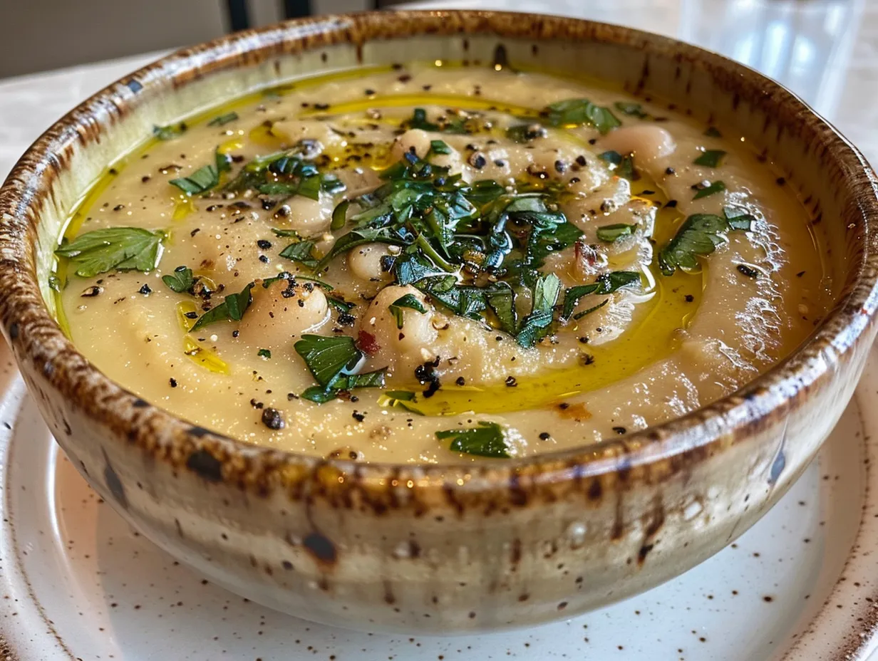 A warm bowl of comforting white bean soup garnished with parsley.