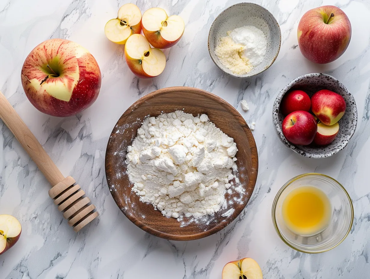 Ingredients for Apple Fritter Cake: apples, flour, sugar, spices, butter, and glaze ingredients.