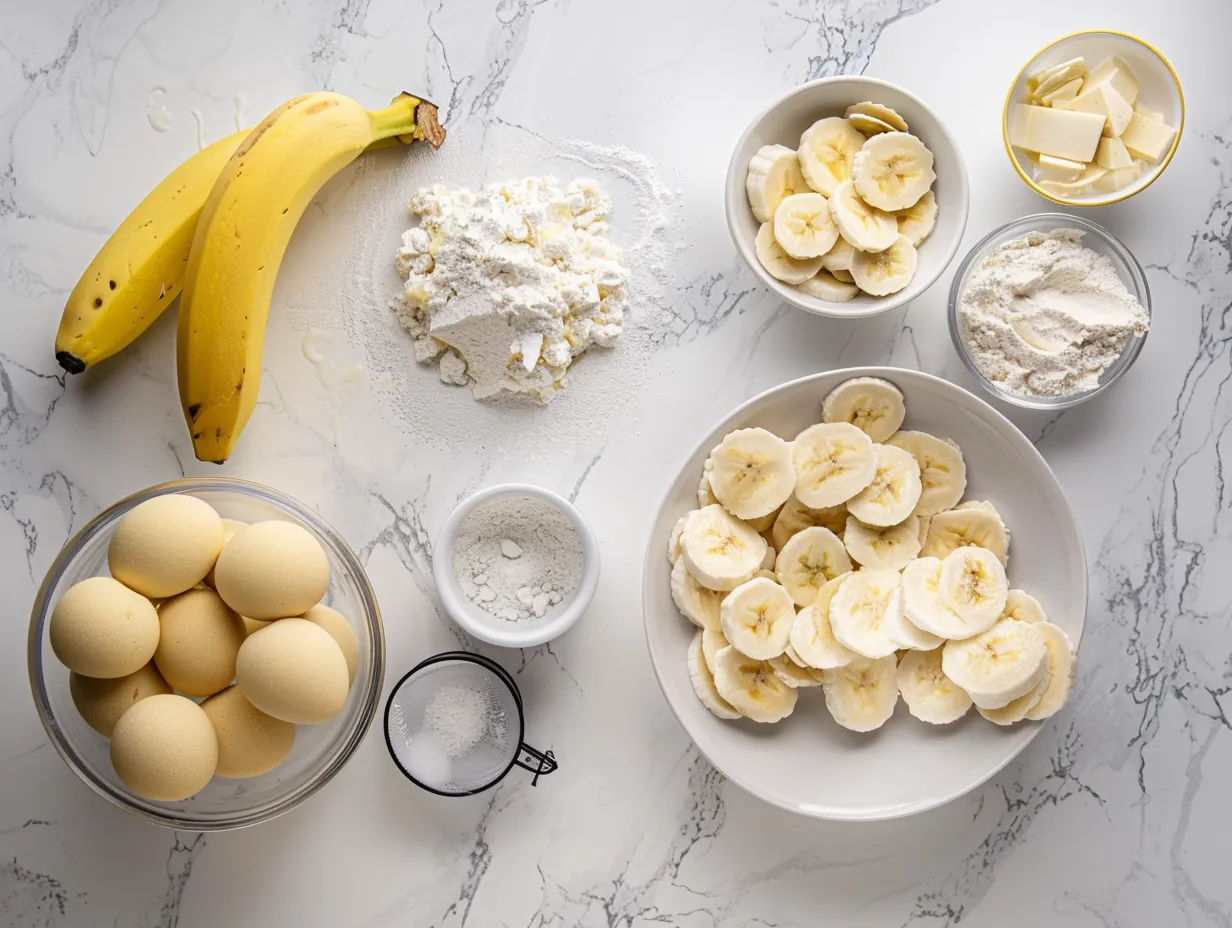 Ingredients needed to make homemade banana cream pie on a table.