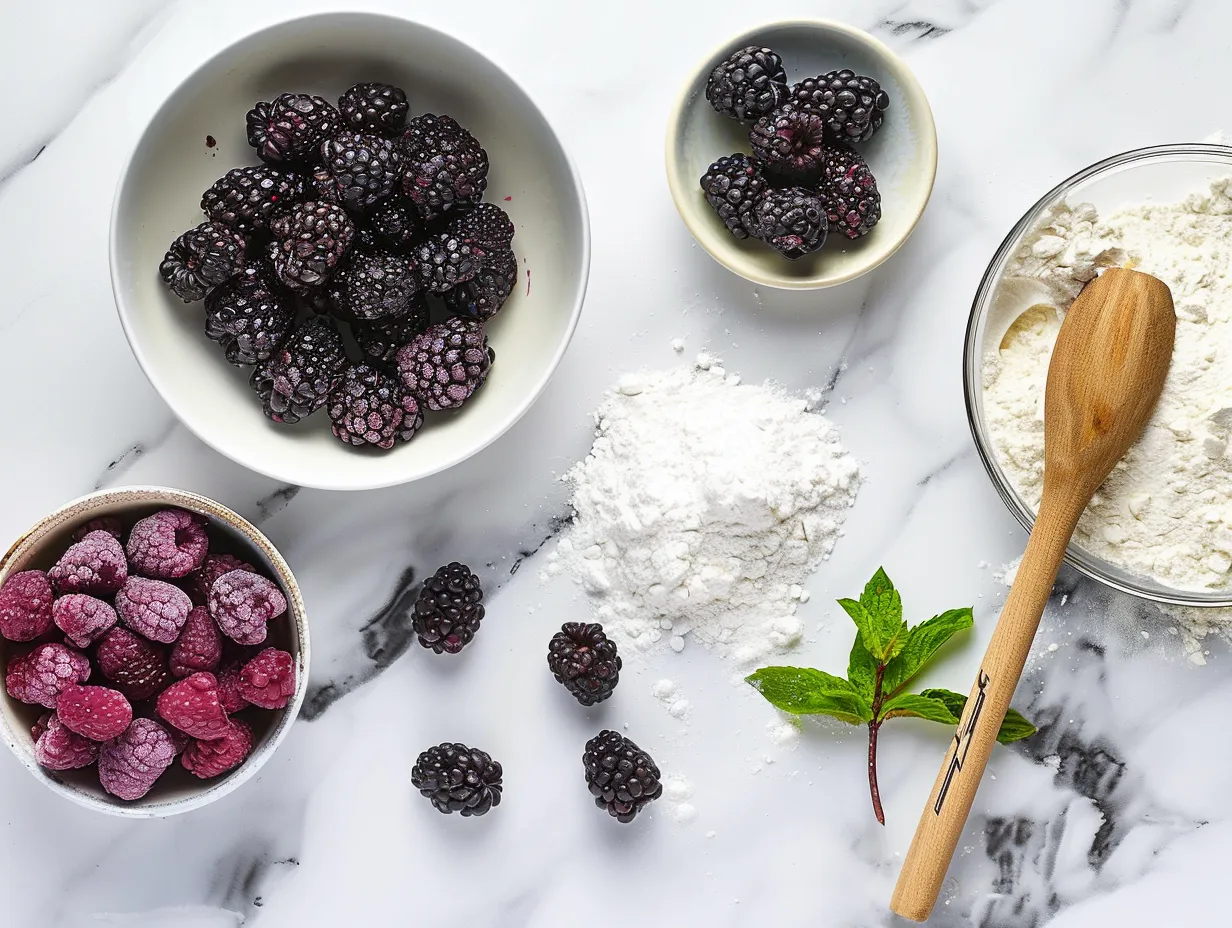 Ingredients for Blackberry Velvet Gothic Cake laid out on a kitchen counter
