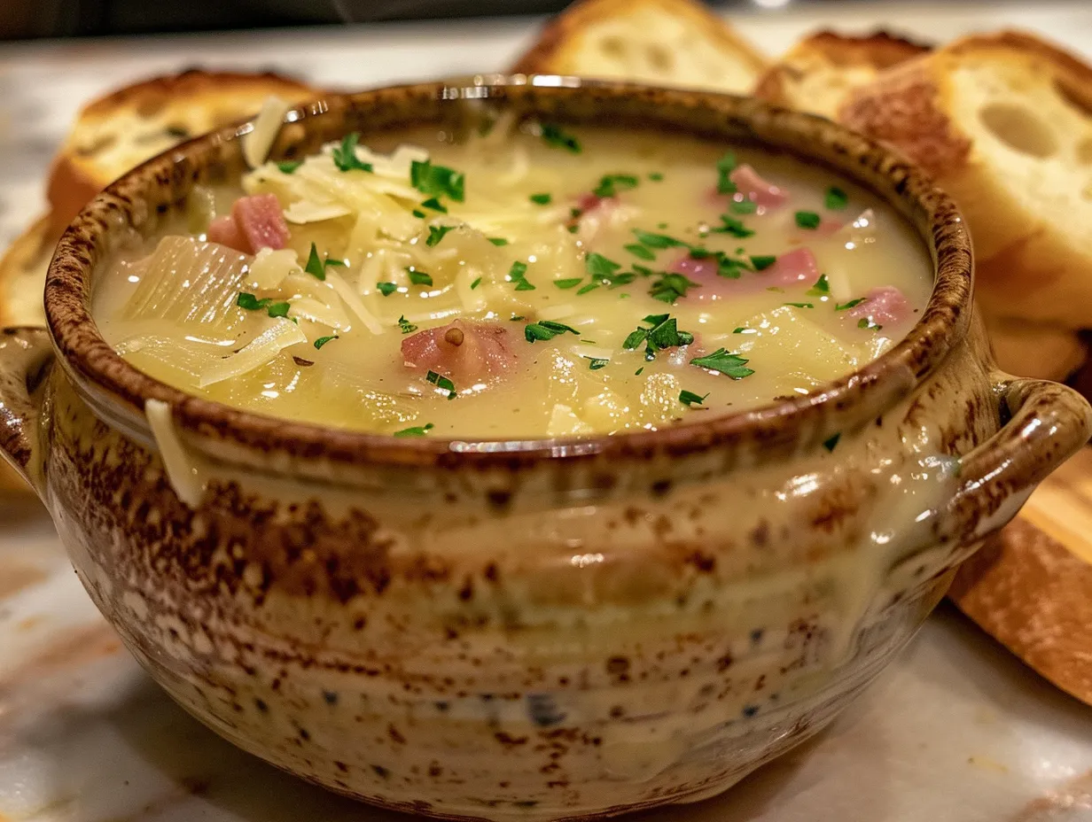 Bowl of Creamy Reuben Soup topped with rye croutons