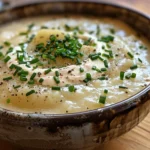 Bowl of roasted garlic potato soup with toppings