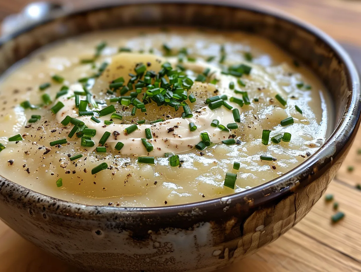 A bowl of creamy roasted garlic potato soup topped with fresh herbs