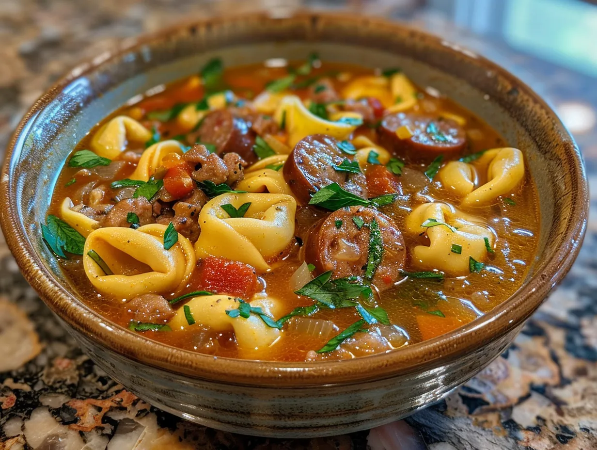 Bowl of Tortellini Soup with Sausage