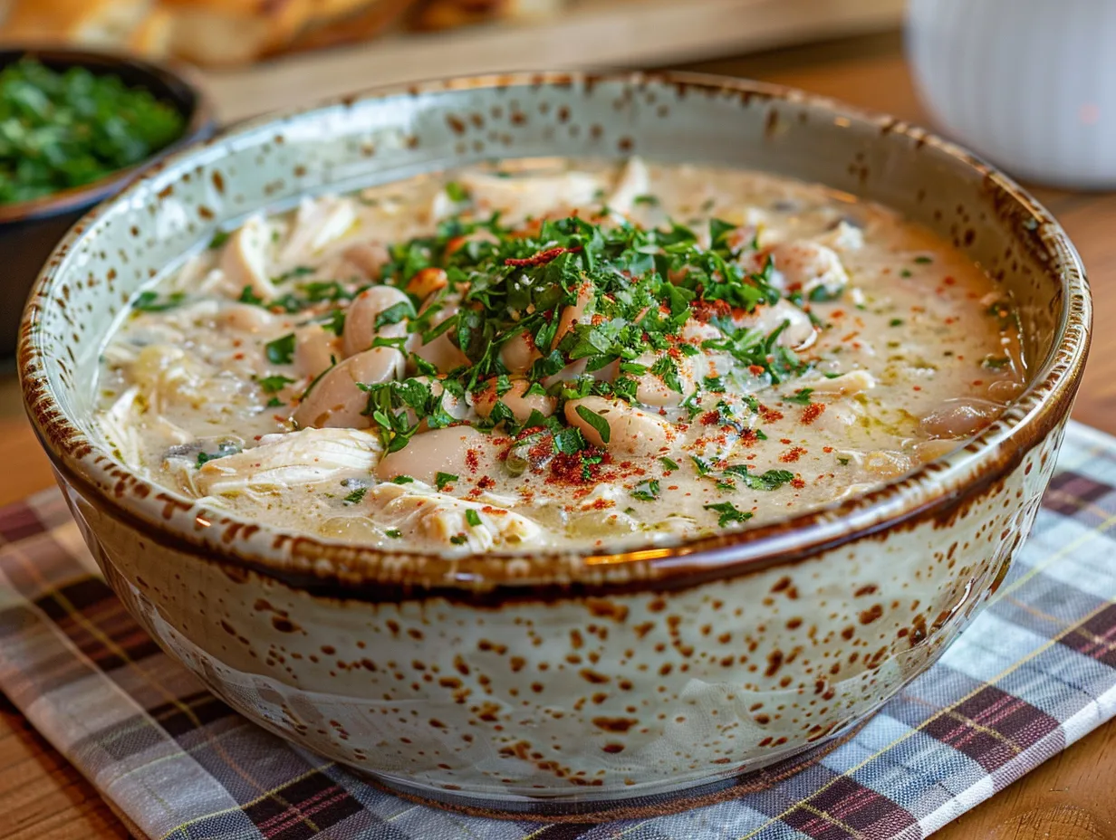 A bowl of creamy White Chicken Chili topped with cilantro and a dollop of sour cream.