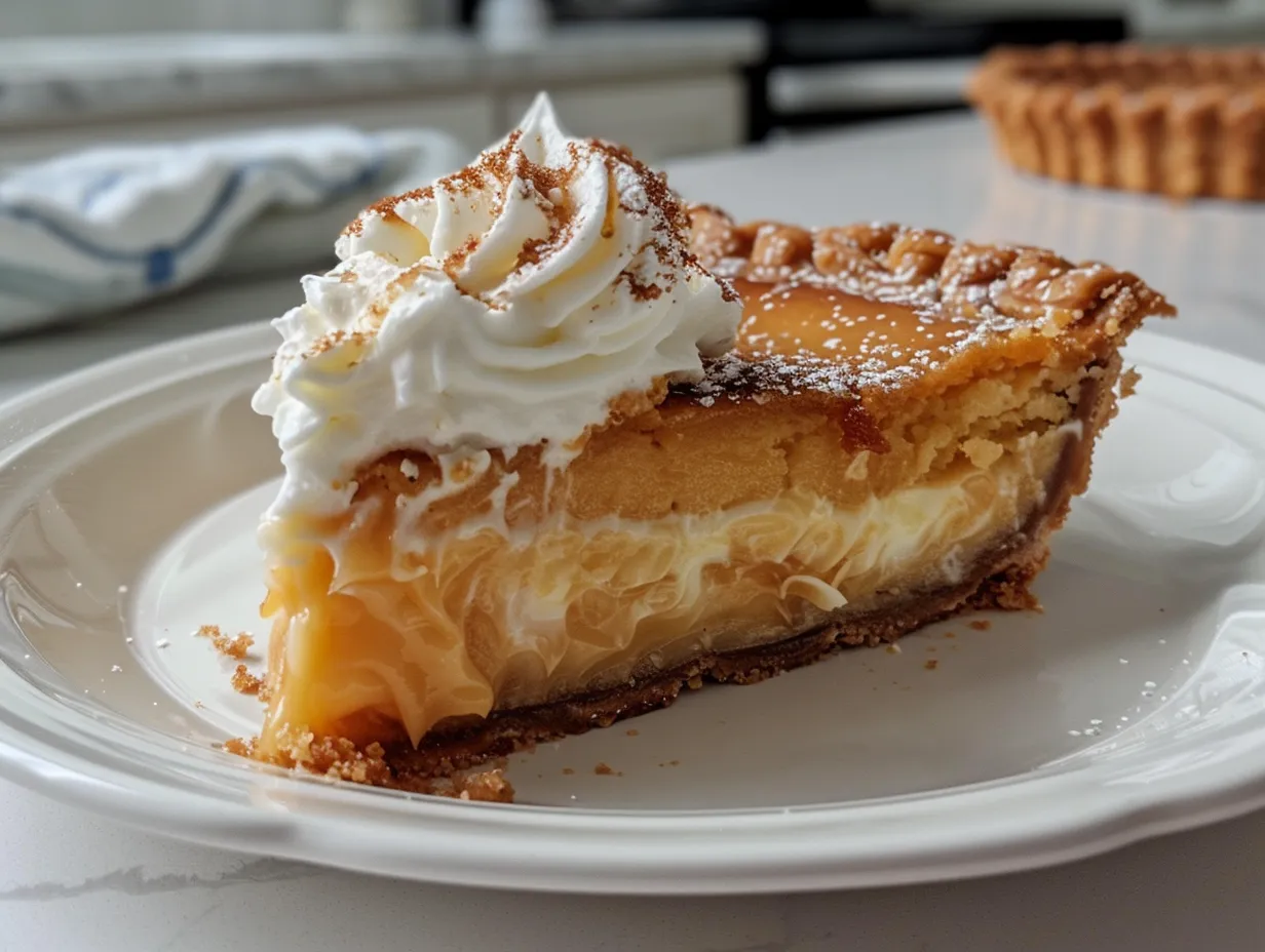 A close up shot of a slice of Butterscotch Heaven Pie topped with whipped cream and butterscotch chips.