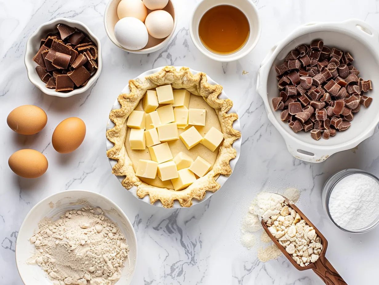 All the ingredients needed to make Butterscotch Heaven Pie including graham cracker crust, brown sugar, cornstarch, salt, milk, egg yolks, butter, vanilla extract, whipped cream, and butterscotch chips.
