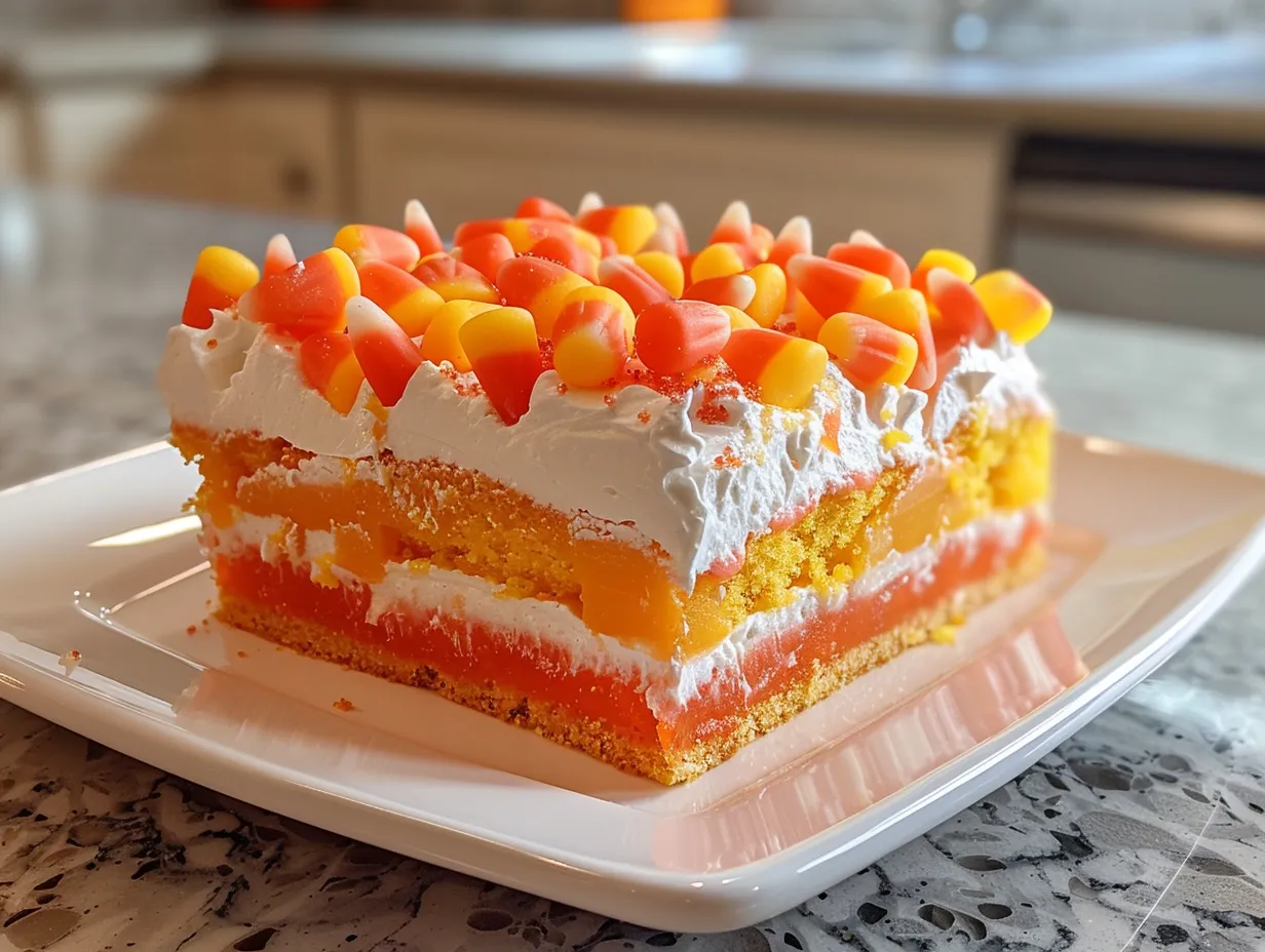 Candy Corn Poke Cake on a white dessert plate