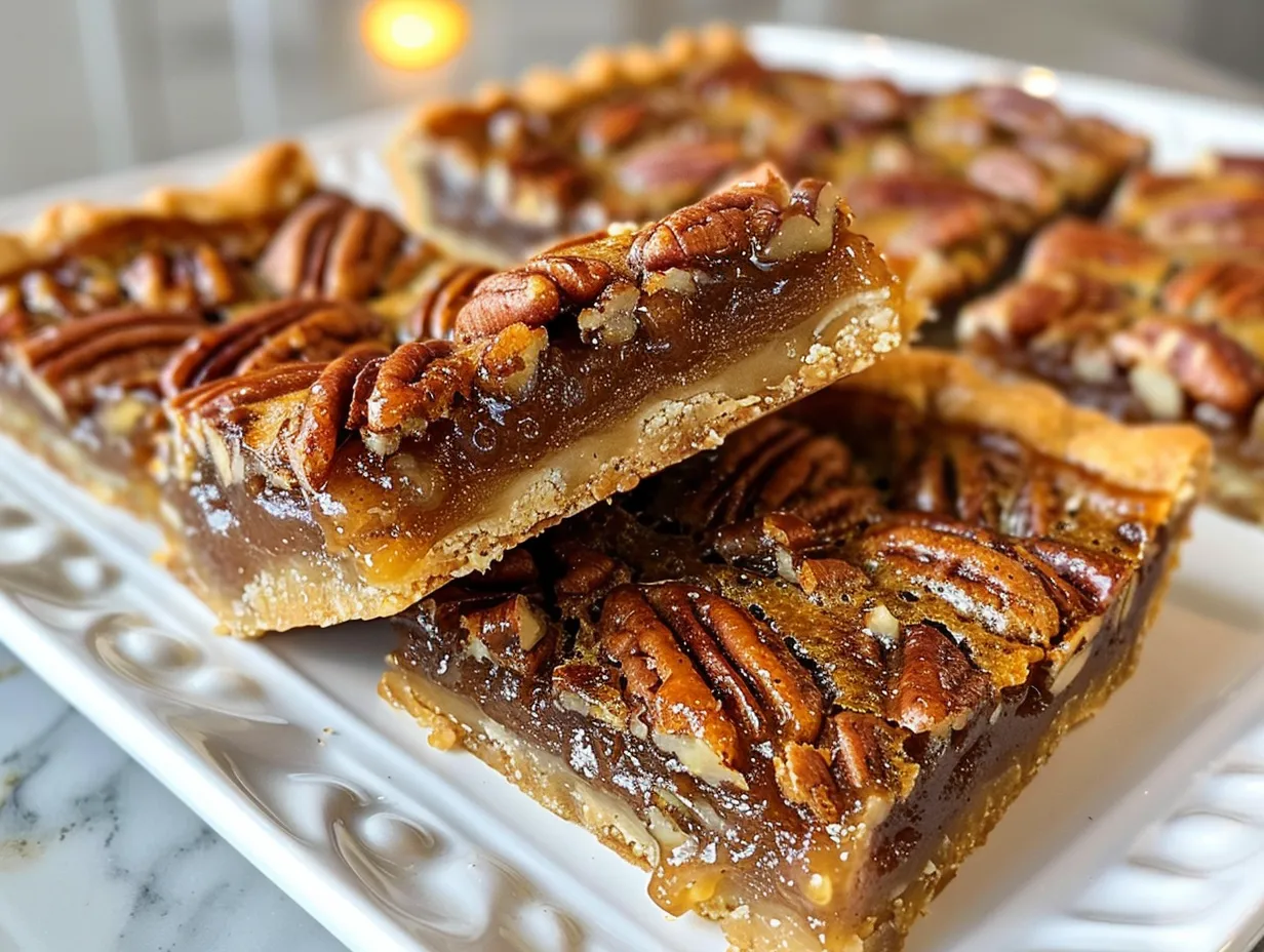 delicious caramel pecan pie bars on a plate