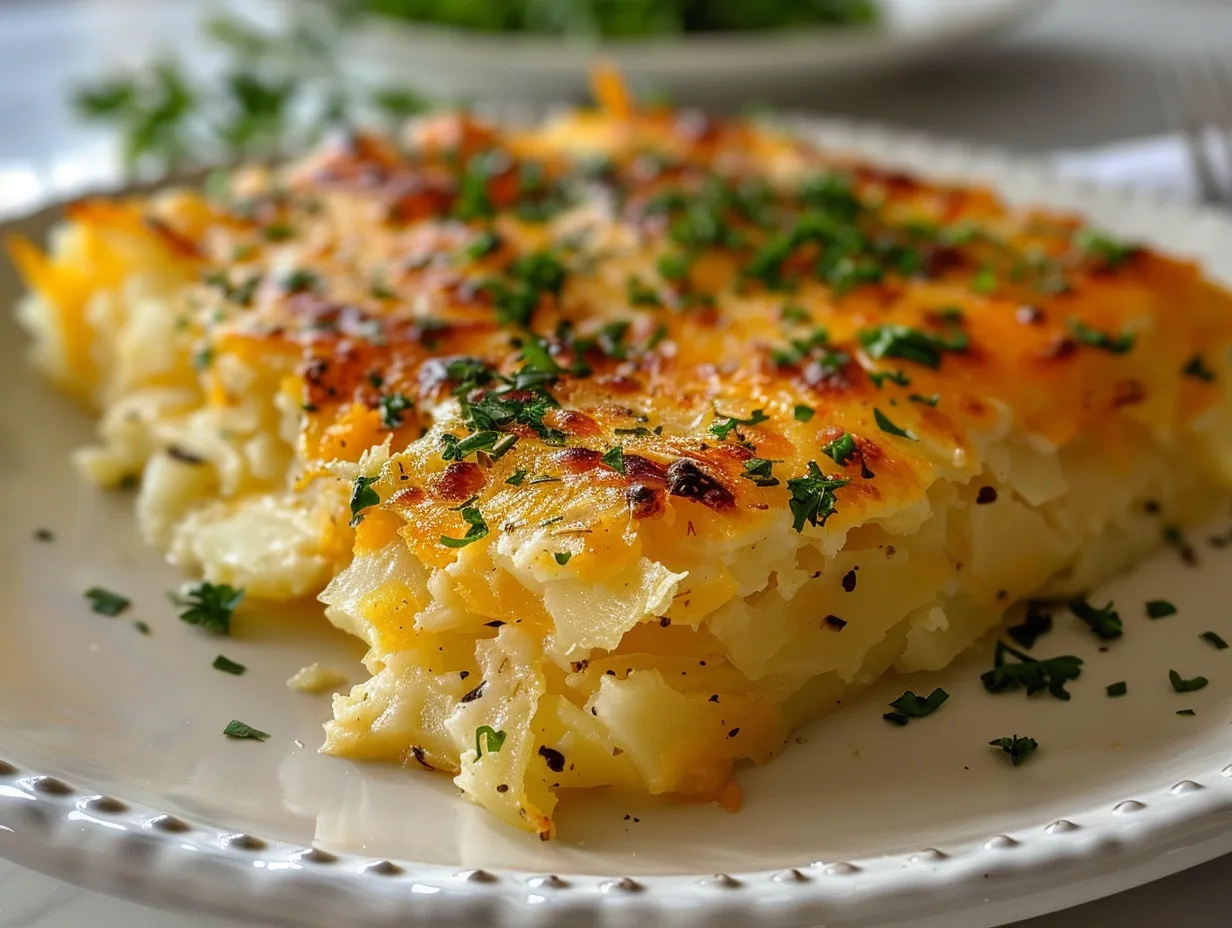A golden and bubbly cheesy hashbrown casserole in a baking dish, ready to be served.