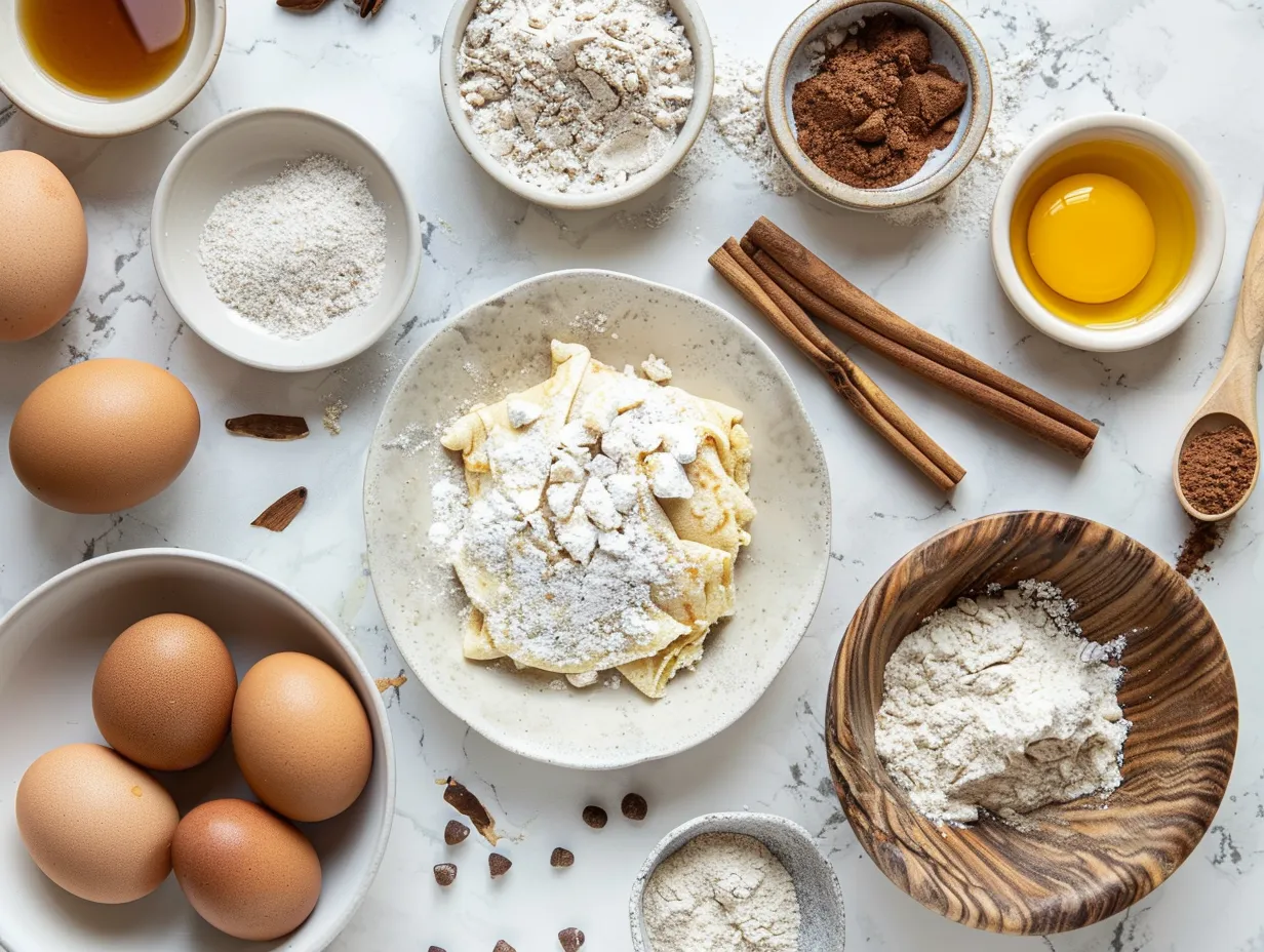 Ingredients for making cinnamon roll protein crepes including protein powder, egg, milk, cinnamon, sugar, and vanilla.