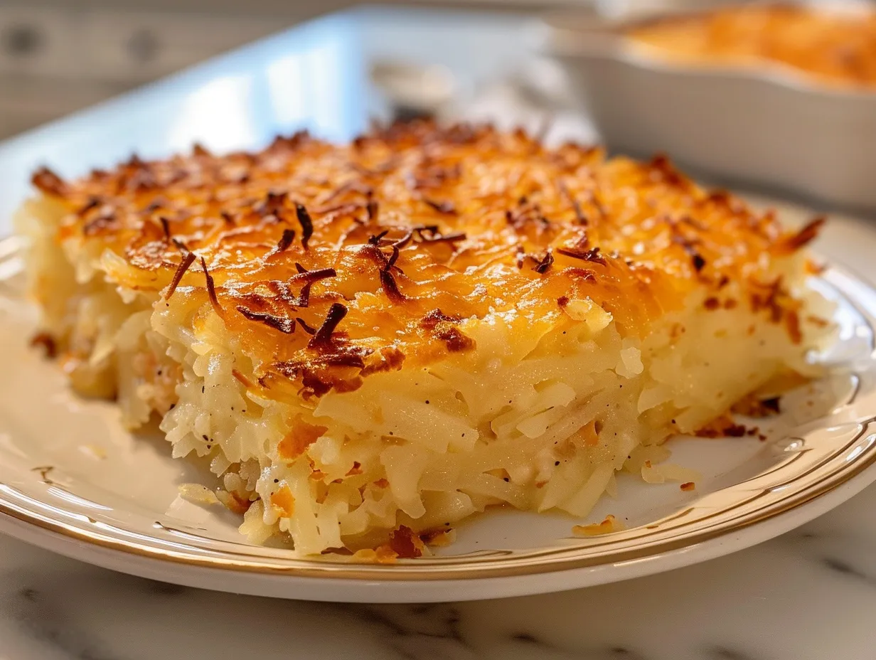 A close-up shot of the golden-brown, bubbly Cracker Barrel Hashbrown Casserole, fresh out of the oven.