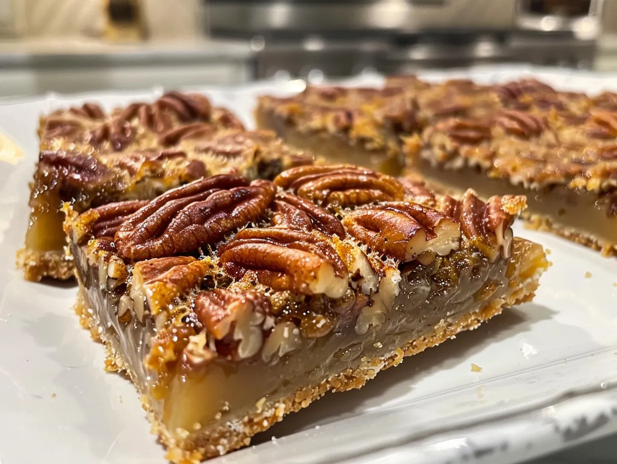 A close-up shot of freshly baked Pecan Pie Bars, showcasing their gooey texture and pecan topping.
