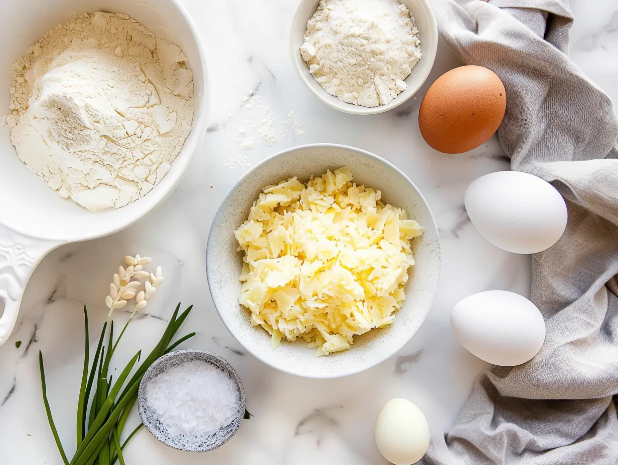 Ingredients for Cracker Barrel Hashbrown Casserole: frozen hash browns, cream of chicken soup, sour cream, butter, onion, cheddar cheese, salt, and pepper.