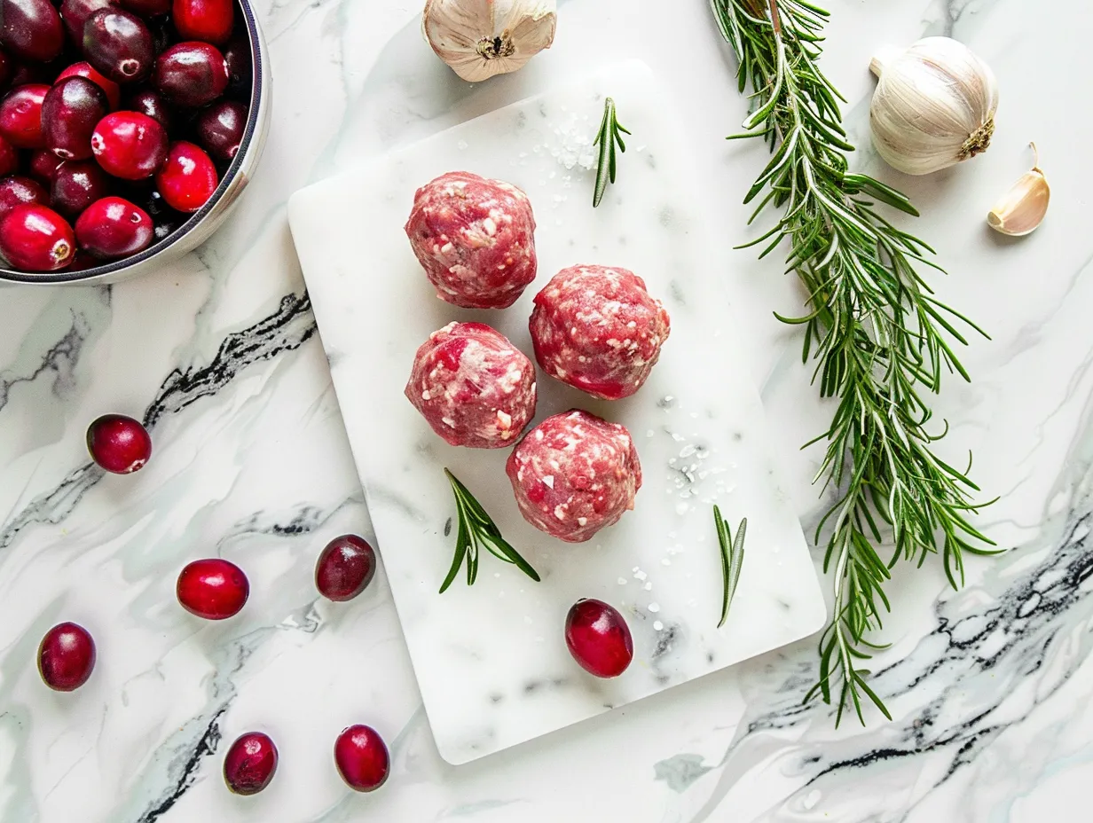 Ingredients for making Cranberry BBQ Crockpot Meatballs displayed on a white marble surface
