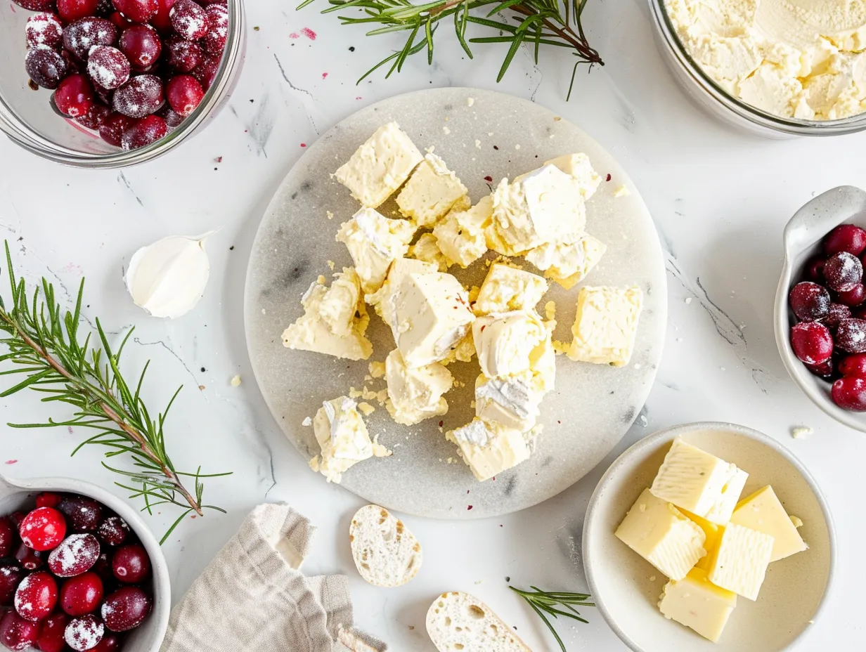 Ingredients for making Air Fryer Cranberry Brie Bites including puff pastry, brie, cranberry sauce, milk, pecans and honey.