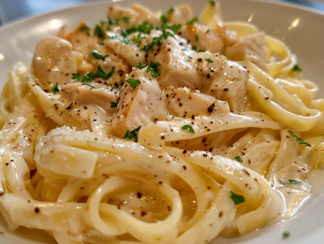 A creamy chicken pasta dish, garnished with parsley and Parmesan cheese, ready to be served