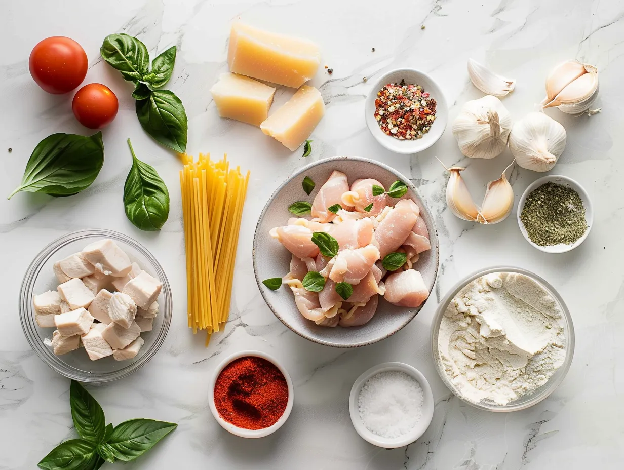 Creamy chicken pasta ingredients laid out on a wooden surface