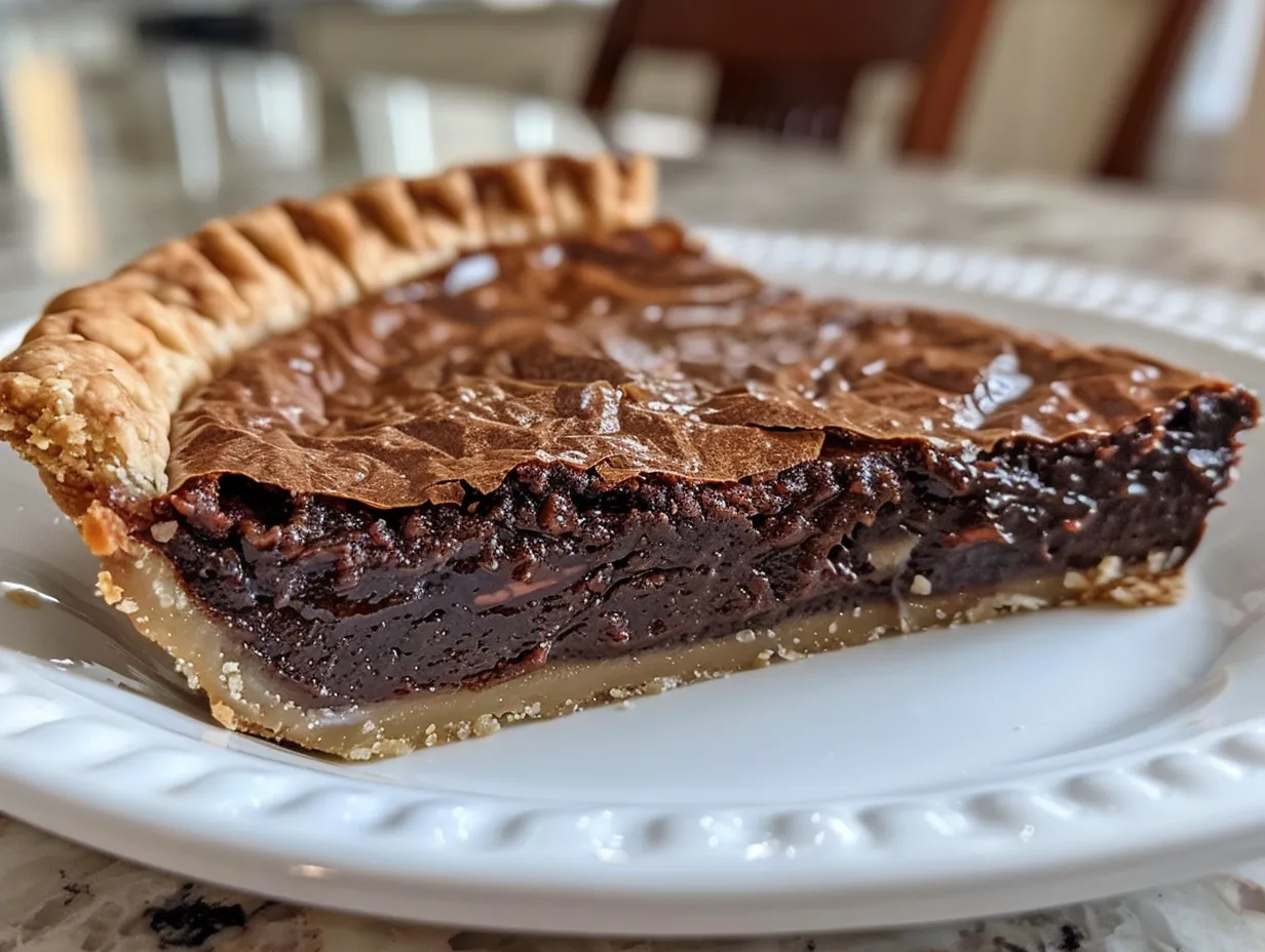 Freshly baked Dark Chocolate Chess Pie cooling on a wire rack in a bright kitchen.