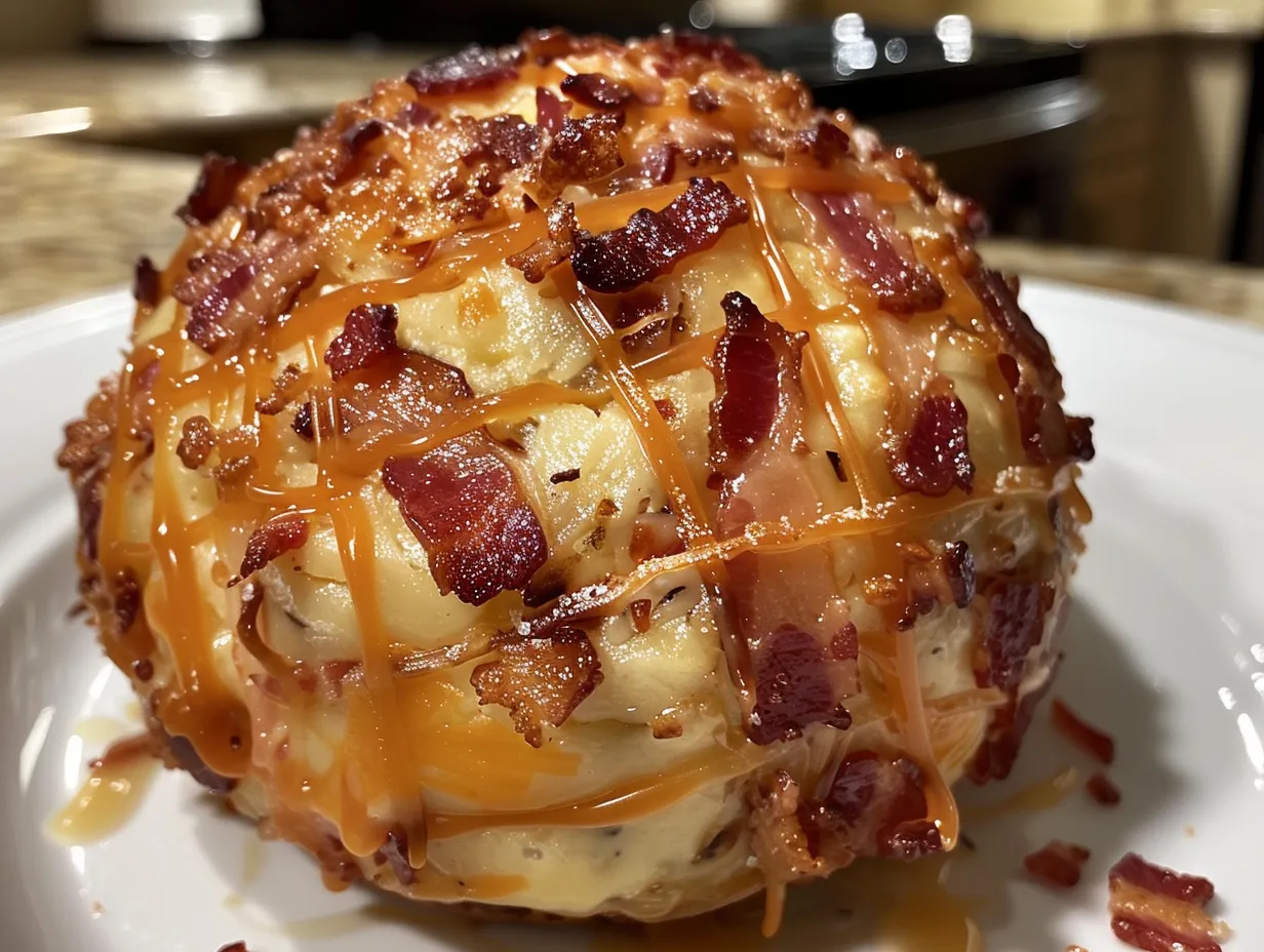 Delicious bacon cheddar cheese ball plated with crackers