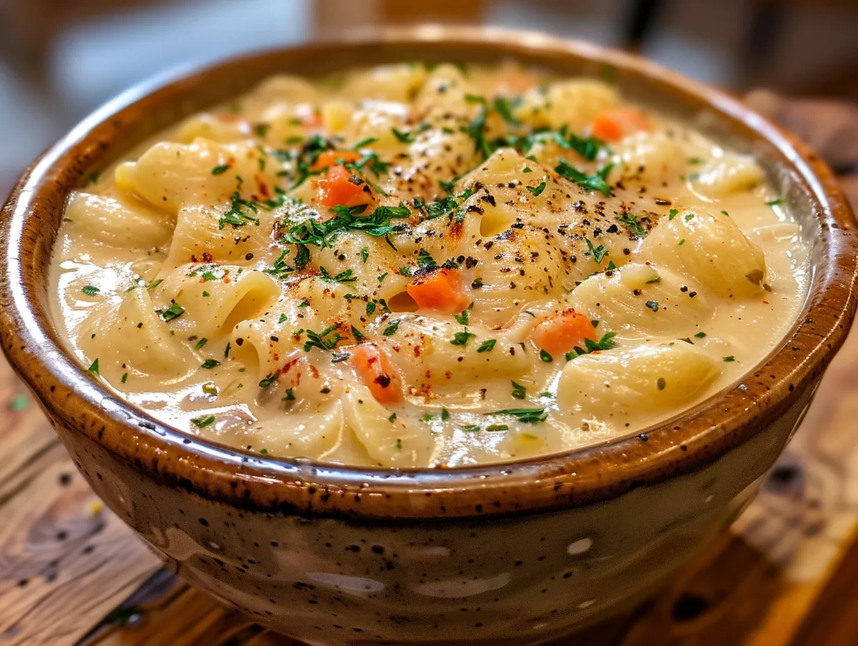 A warm and inviting bowl of creamy pasta soup, ready to be enjoyed.