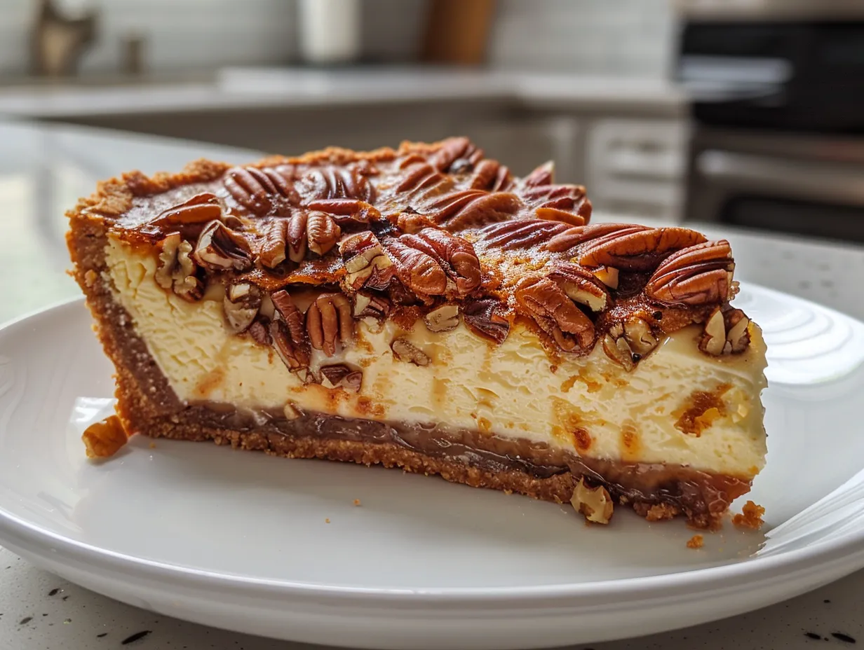 Delicious pecan pie cheesecake on a plate.