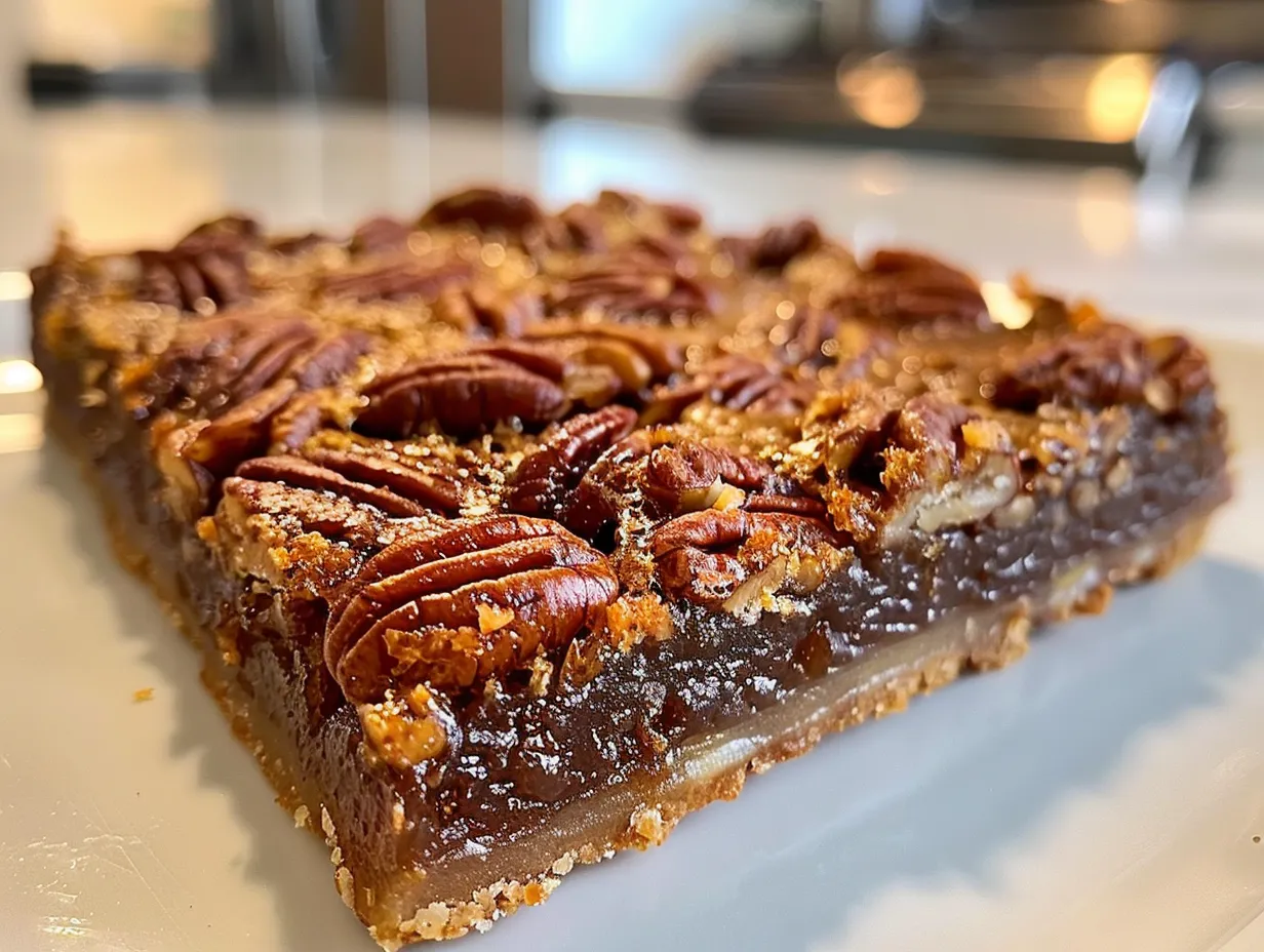Delicious and satisfying salted maple pecan pie bars on a plate.