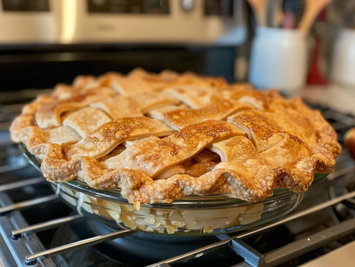 A finished apple butter pie with a golden crust is proudly displayed in the kitchen, ready to be served.