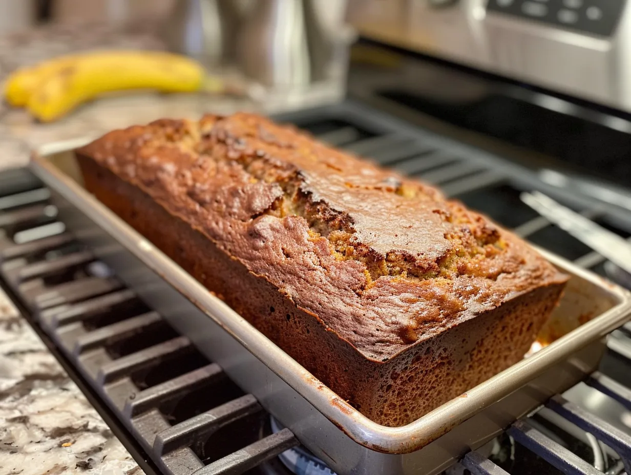 Finished banana bread displayed on a platter