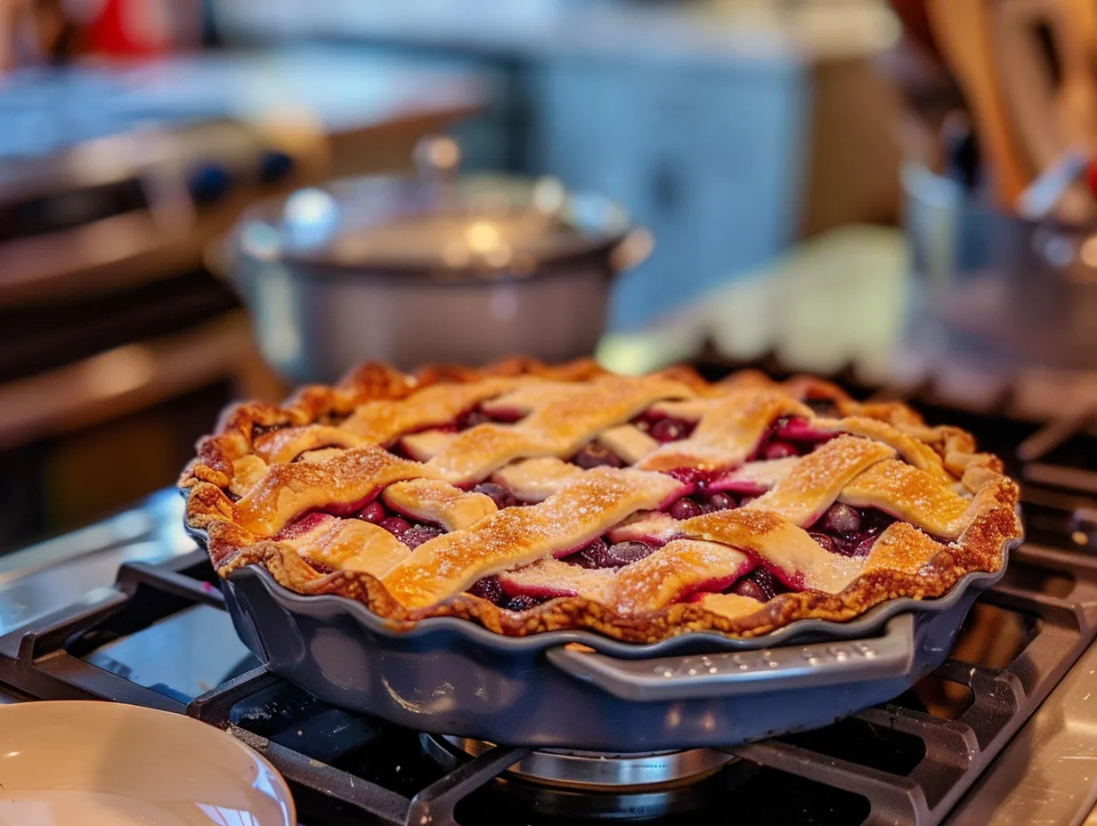Finished blueberry pie on a countertop, golden brown and ready to be sliced.
