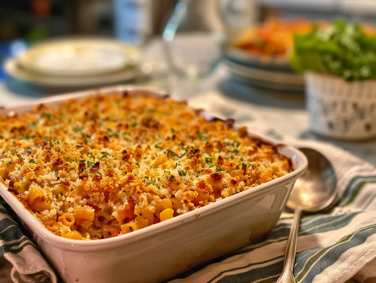 Finished Macaroni Corn Casserole, golden brown and bubbly, ready to serve.