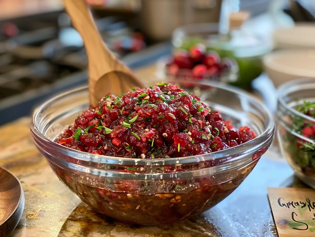 A bowl of finished spicy cranberry salsa with tortilla chips